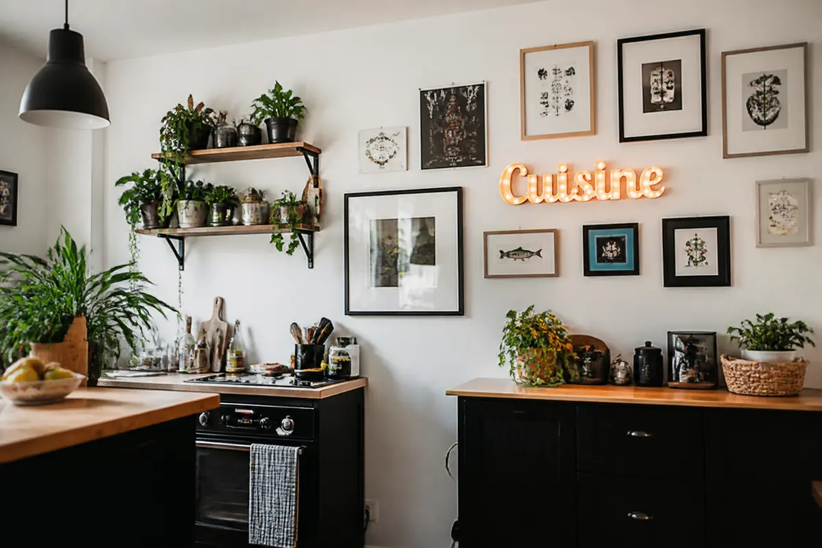 Plantes et cadres artistiques pour une déco murale de cuisine élégante et moderne