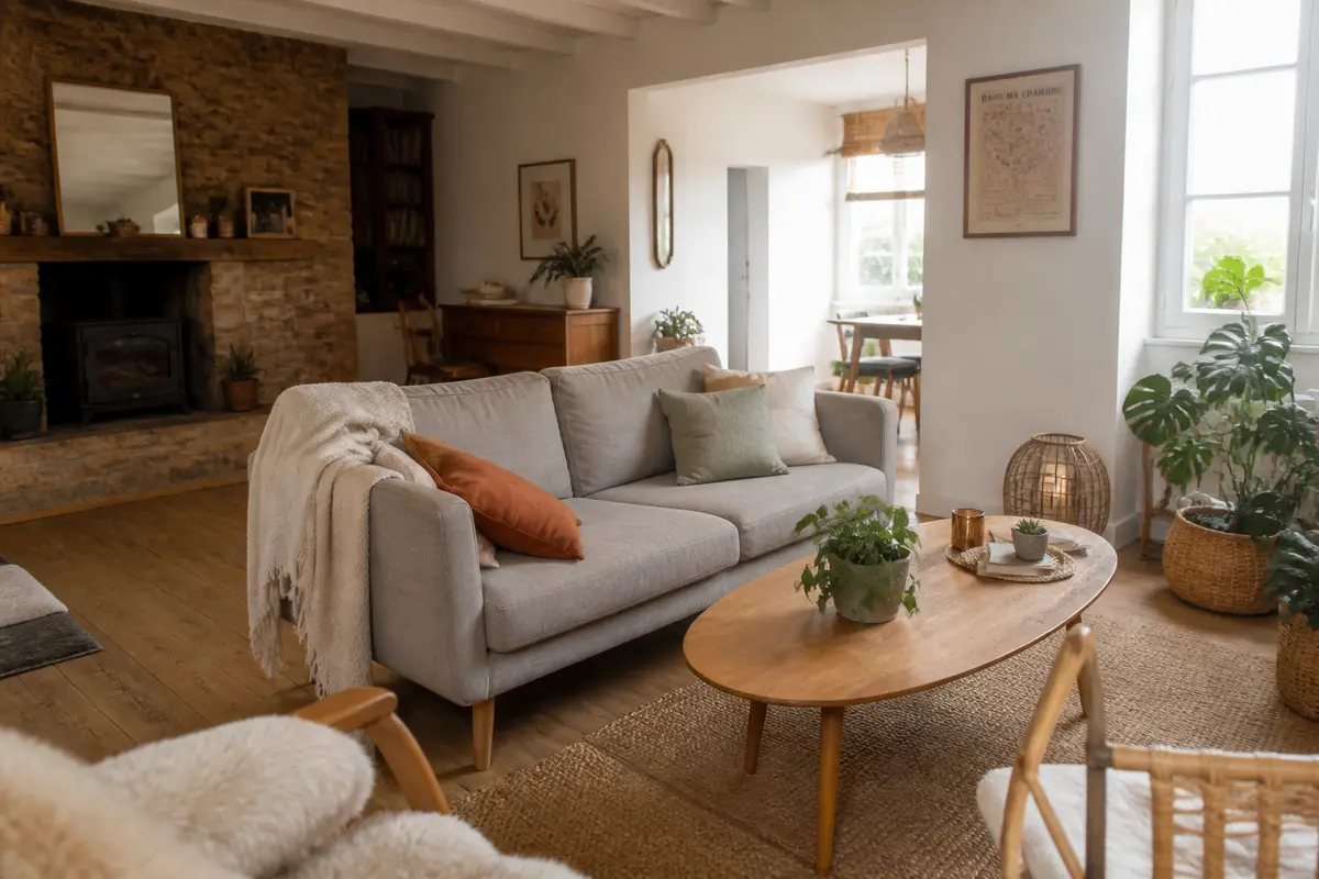 Salon cosy avec canapé gris, table basse en bois, plantes et décoration chaleureuse