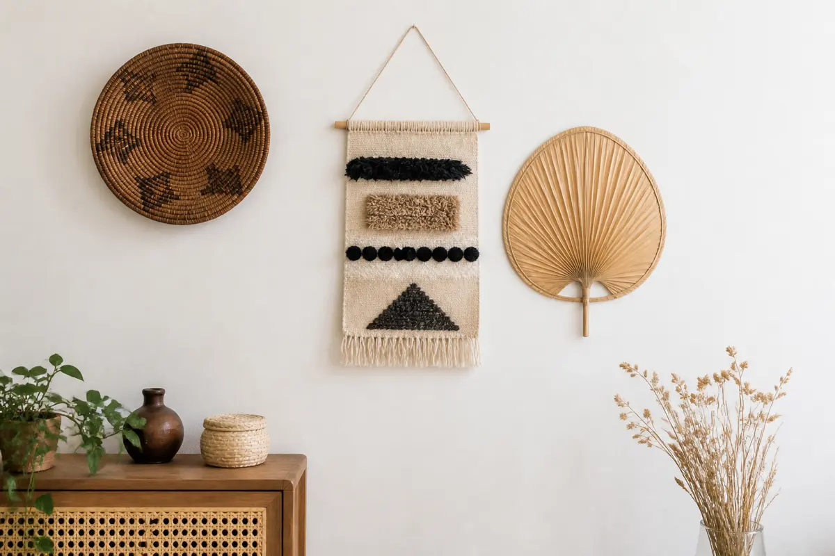 Tissages muraux et objets naturels pour décorer un mur blanc dans un salon moderne