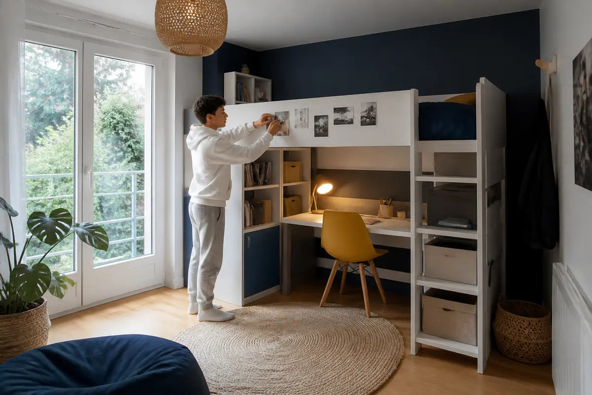 Adolescent décorant sa chambre moderne avec lit mezzanine, idée déco chambre ado optimisée.