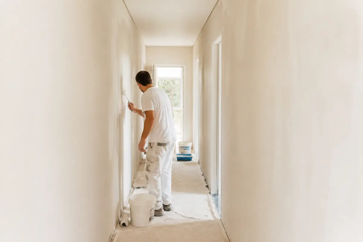 Peinture d'un couloir étroit avec un rouleau par un homme en tenue de travail