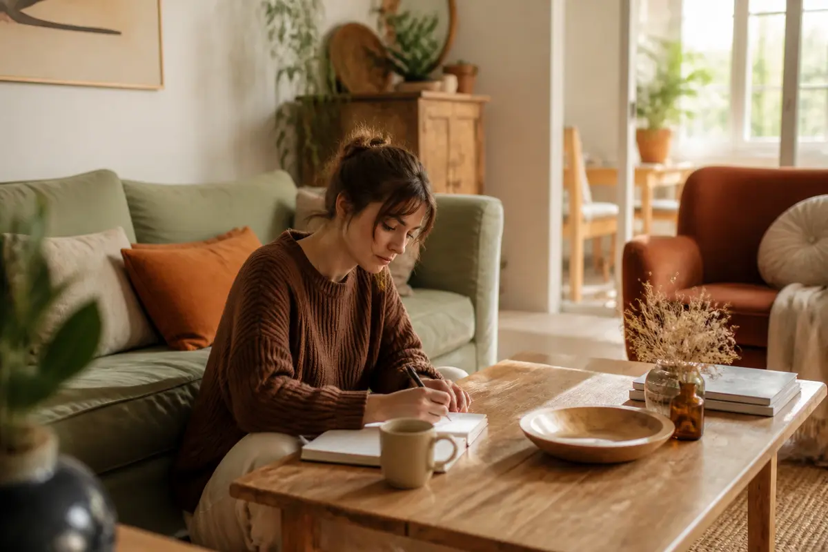 Femme écrivant dans un salon chaleureux et accueillant, ambiance cosy et détente assurée